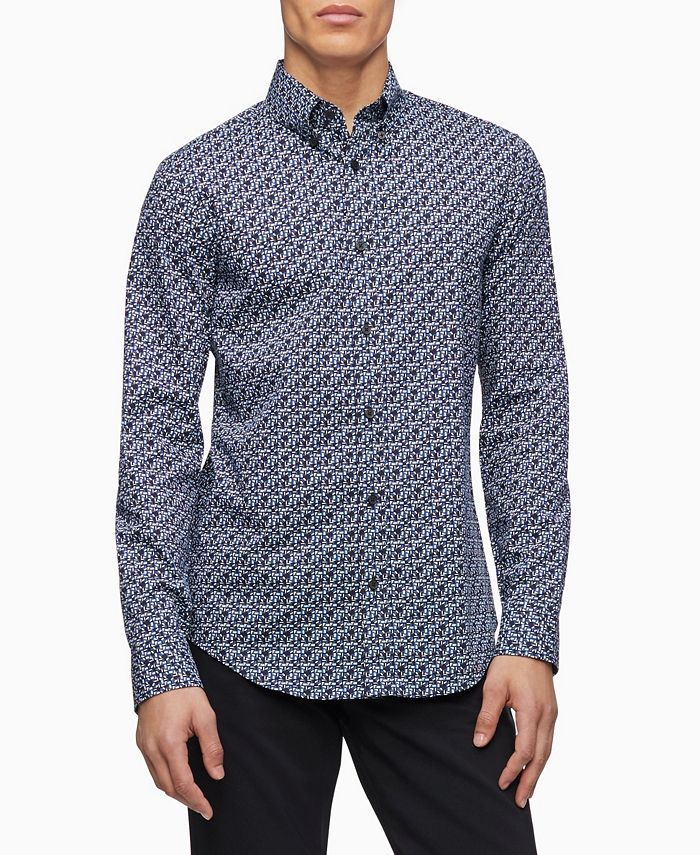 Calvin Klein Stretch Cotton Geometric Button-Down Shirt - Macy's