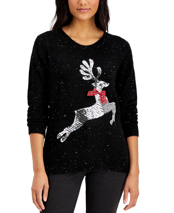 Karen Scott Petite Sequin Reindeer Pullover Sweater, Created for Macy's ...