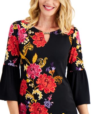 JM Collection Floral-Print Bell-Sleeve Keyhole Tunic Top, Created For ...