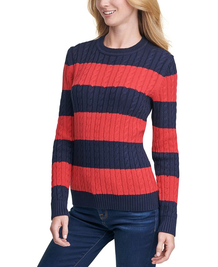 Tommy Hilfiger Cate Striped Cotton Cable-Knit Sweater - Macy's