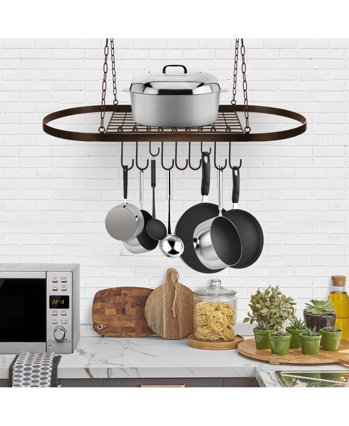 Pot and Pan Rack for Ceiling with Decorative Hooks - Brown
