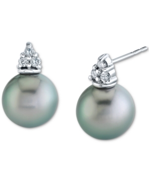 image of Cultured Tahitian Pearl (9mm) & Diamond (1/8 ct. t.w.) Stud Earrings in 14k White Gold