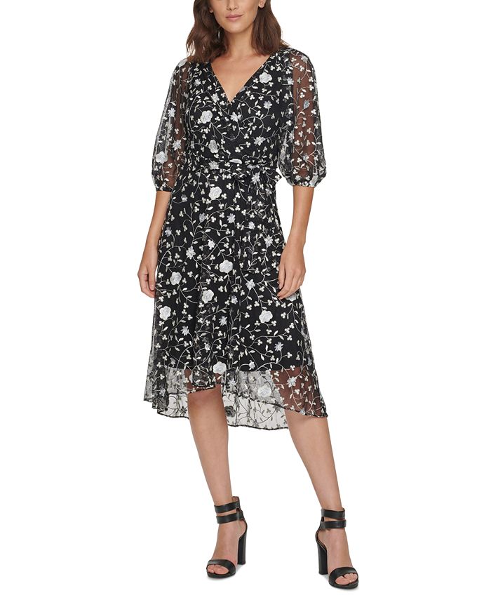 DKNY Floral-Embroidered Puff-Sleeve Faux-Wrap Dress - Macy's