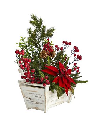 Nearly Natural Poinsettia, Succulent and Berry Artificial Arrangement ...