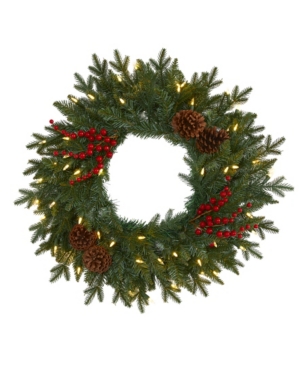 Nearly Natural Pine Artificial Christmas Wreath With 50 Warm Led Lights, Berries And Pine Cones In Green