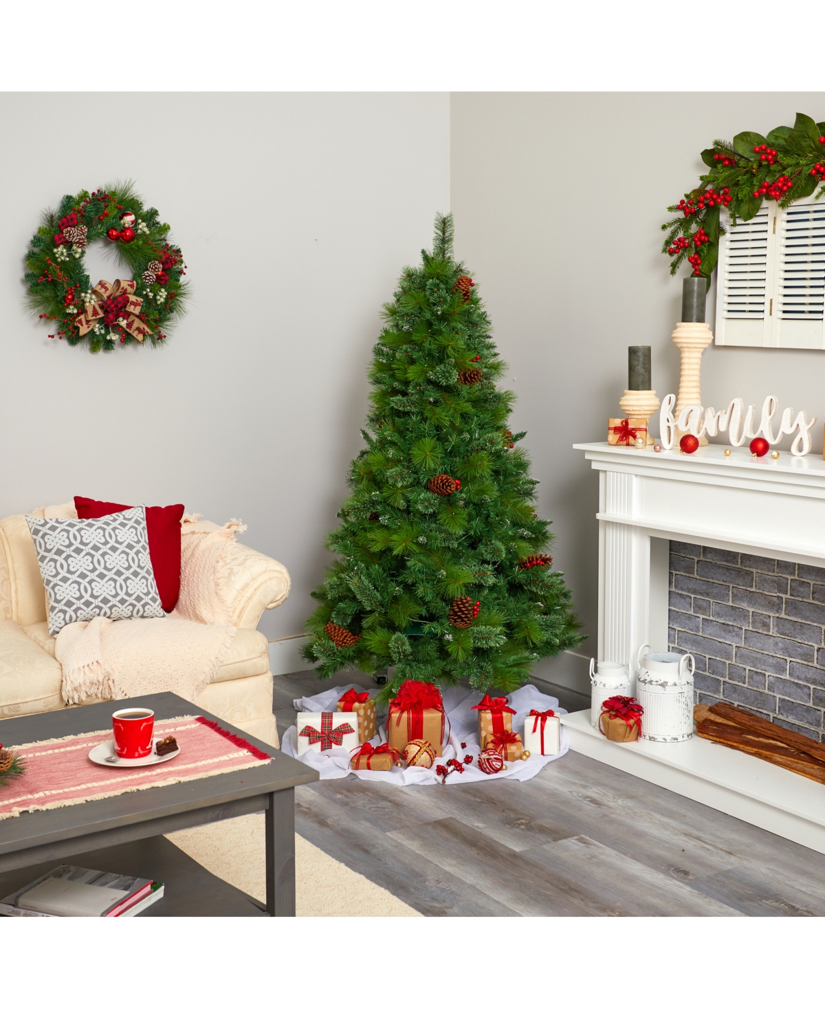Nearly Natural Montana Mixed Pine Artificial Christmas Tree with Pine Cones, Berries and 350 Clear Led Lights