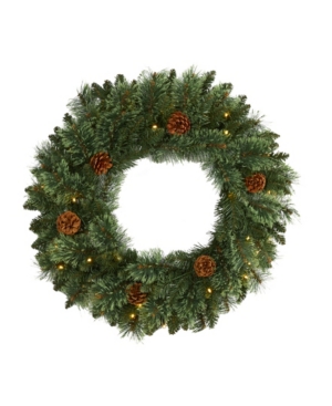 Nearly Natural Mountain Pine Artificial Christmas Wreath With 35 Led Lights And Pinecones In Green