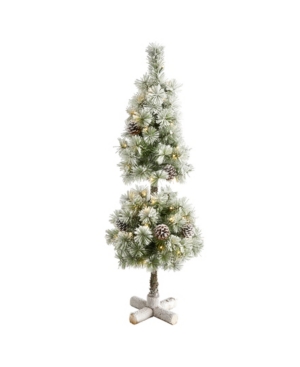 Nearly Natural Flocked Artificial Christmas Tree Topiary With 50 Warm Led Lights And Pine Cones In Green