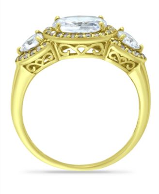 Cubic Zirconia Oval with Tanzanite CZ Accents 3 Stone Ring in 18K Gold Plate