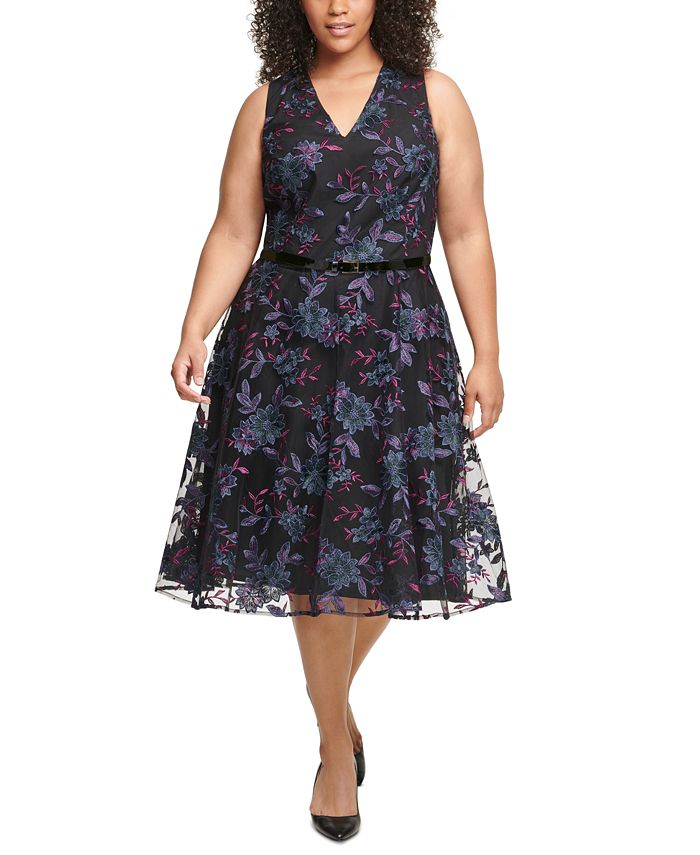 Tommy Hilfiger Plus Size Belted Embroidered Fit & Flare Midi Dress - Macy's