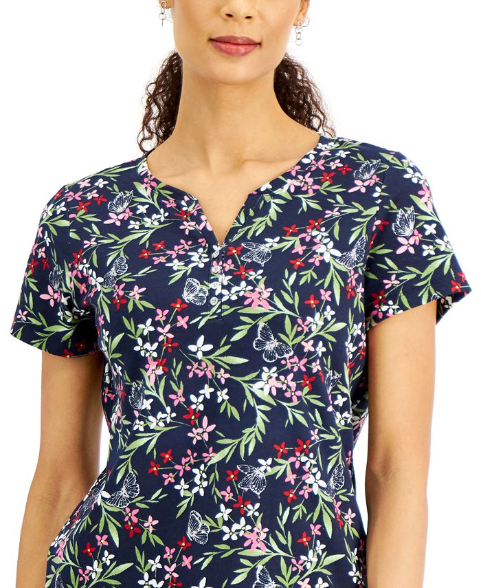 Karen Scott Womens Floral Print Henley Top White Size Small