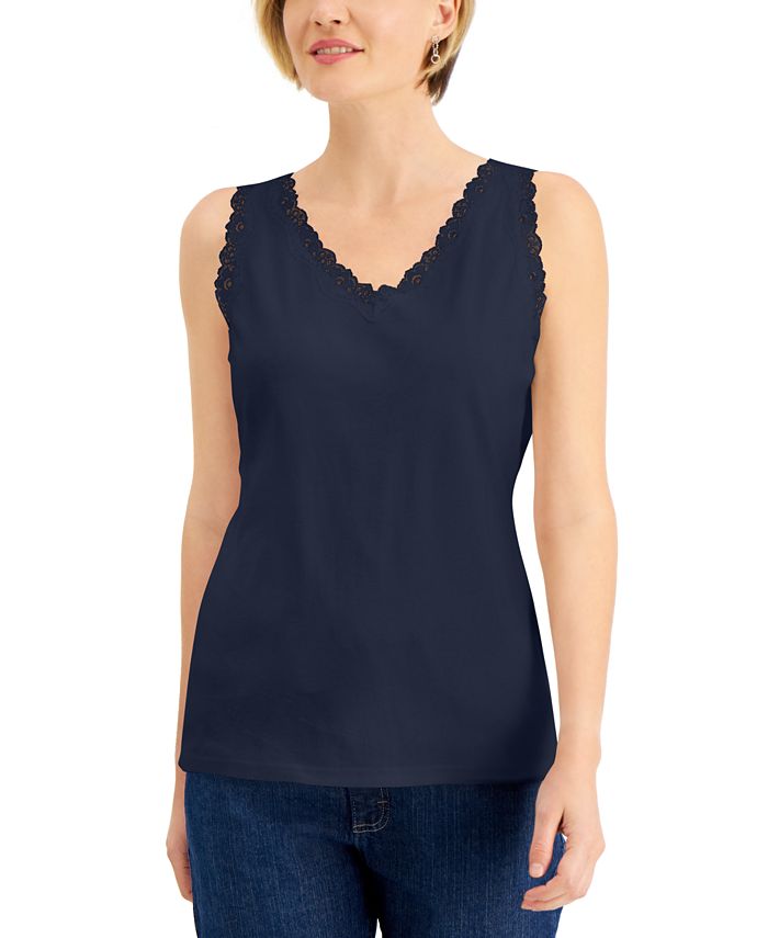 Karen Scott Cotton ScallopedLace Tank Top, Created for Macy's