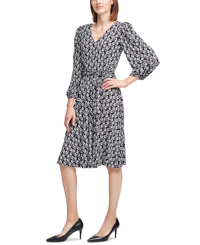 Calvin Klein Daisy-Print Belted A-Line Dress - Macy's