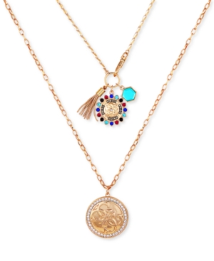 image of Guess Gold-Tone Multicolor Crystal, Stone, Chain Tassel & Charm Layered Pendant Necklace, 22