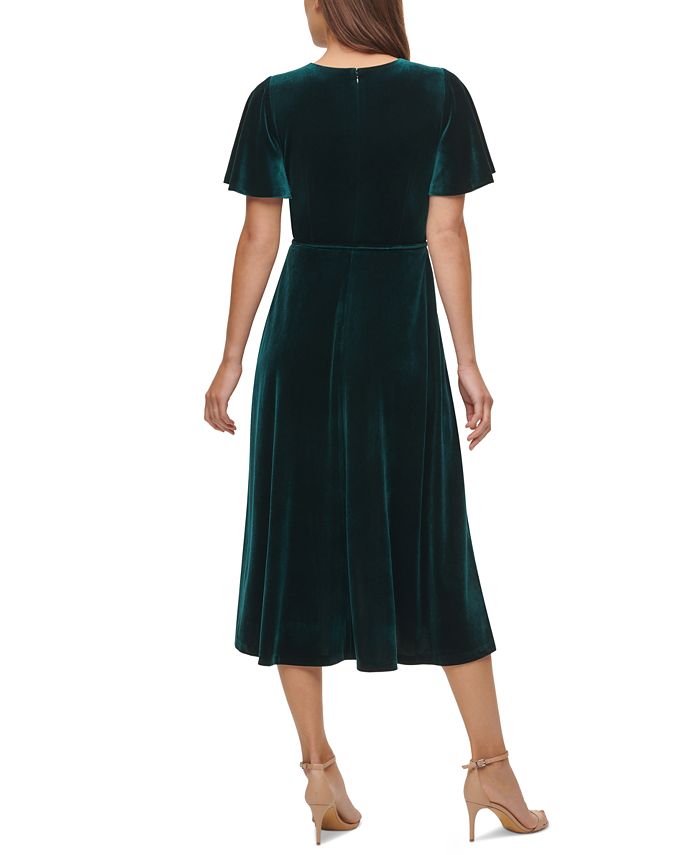 velvet flutter sleeve midi dress with tie waist
