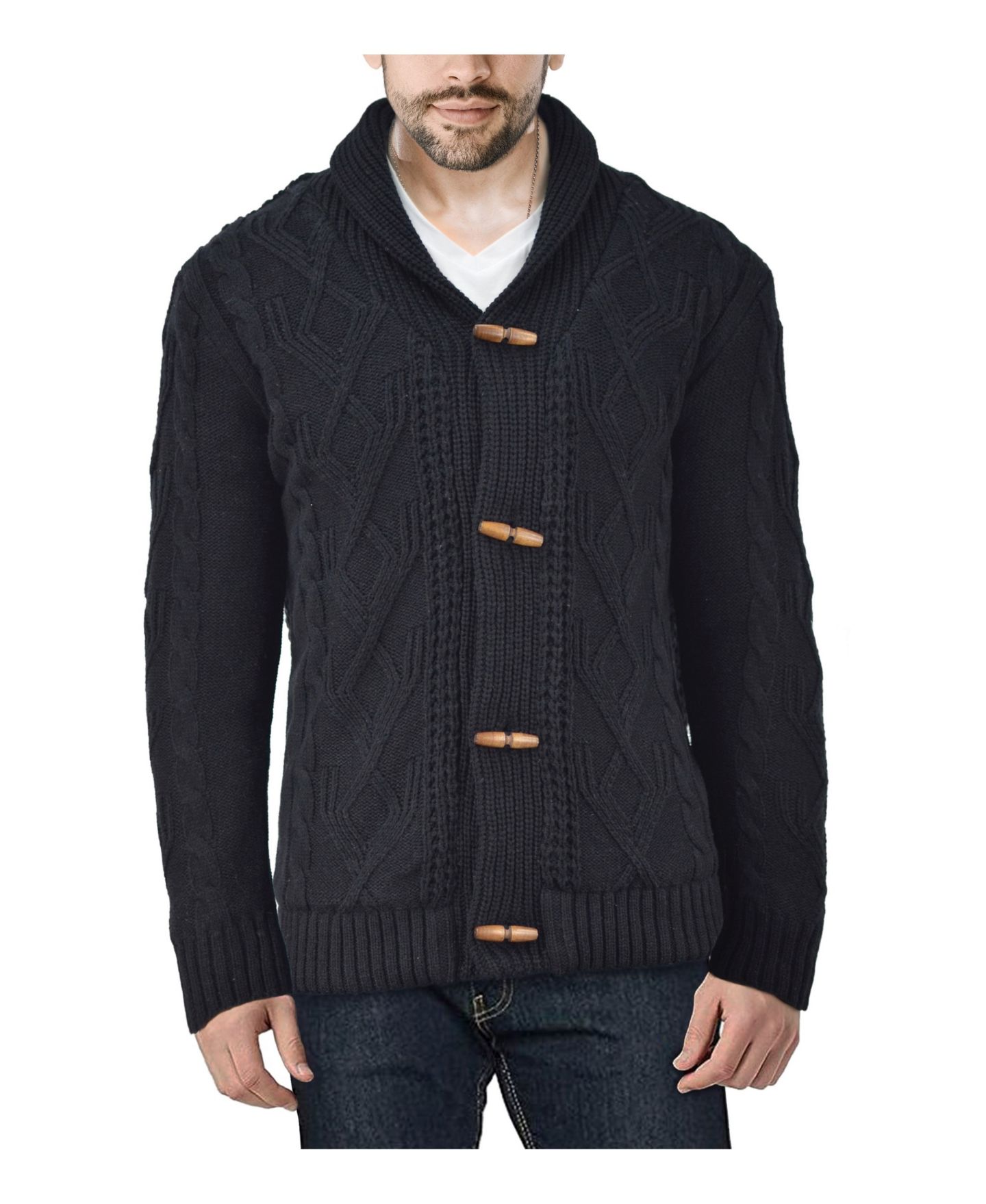 Мужской кардиган XRAY Big & Tall Faux Shearling Lined Shawl Collar Cable Knit Cardigan, цвет: Чёрный — фото 2
