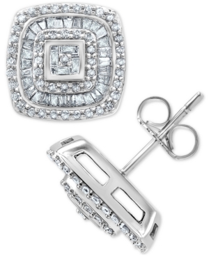 image of Diamond Baguette Halo Cluster Stud Earrings (1 ct. t.w.) in 14k White Gold