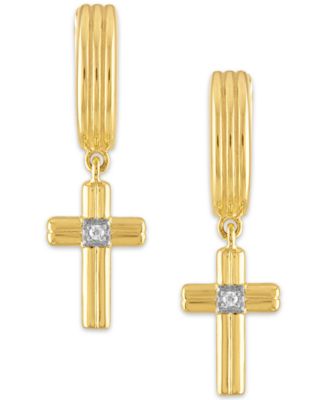 Diamond Accent Cross Drop Hoop Earrings in 14k Gold-Plated Sterling Silver,  Sterling Silver or Black Ruthenium over silver, Created for Macy's