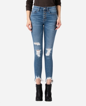 image of Vervet Women-s High Rise Button Up Fray Sharkbite Hem Skinny Crop Jeans