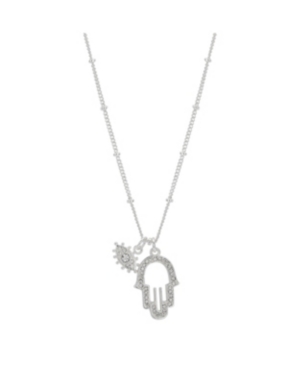 image of Fine Silver Plated Crystal Evil Eye and Hamsa Charm Pendant Necklace, 16
