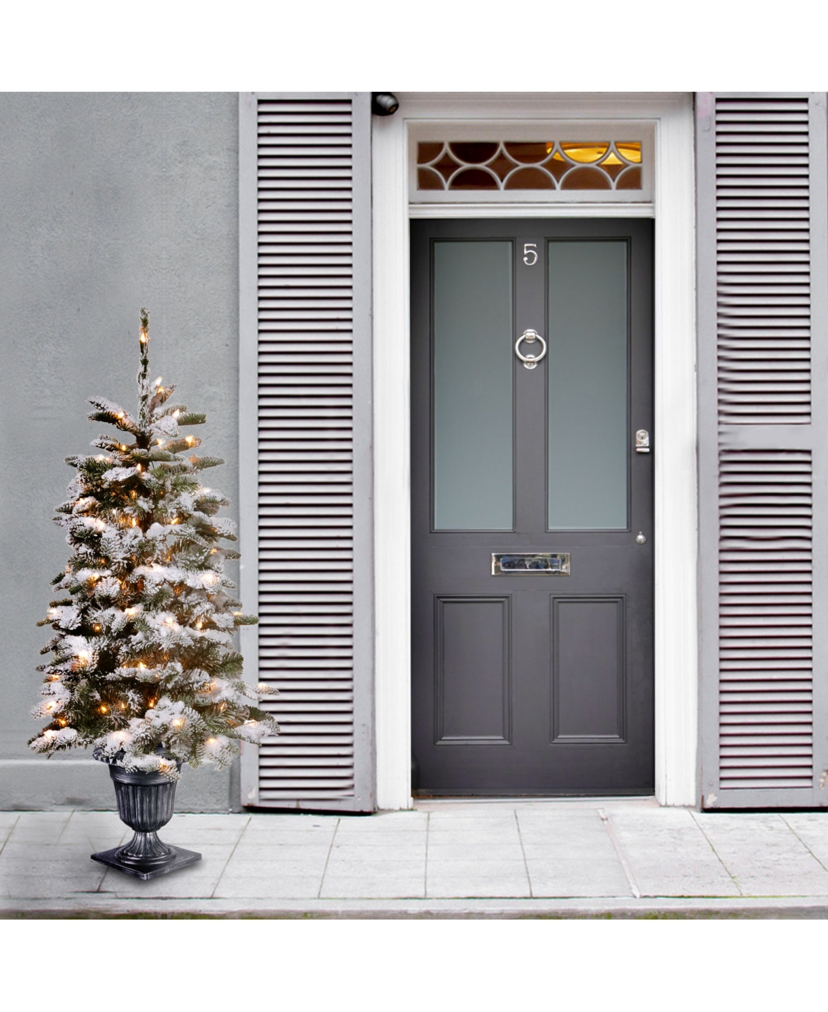 National Tree Company Feel Real Snowy Camden Entrance Tree in Silver Brushed Urn with 100 Clear Lights