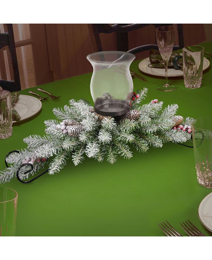 National Tree Company - 30" Dunhill Fir Centerpiece and Candle Holder with Snow, Berries and Cones