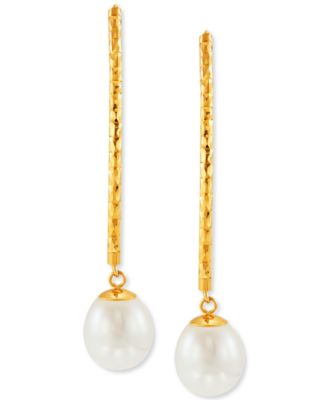 Cultured Freshwater Pearl (9-10mm) Threader Earrings in 14k Gold