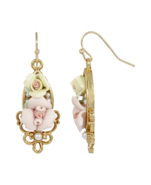 image of 2028 Women-s Gold Tone Pink Yellow Porcelain Rose Flowers Drop Wire Earrings