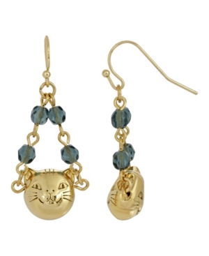 image of 2028 Women-s 14K Gold Dipped Cat Face with Blue Beaded Chain Drop Wire Earrings