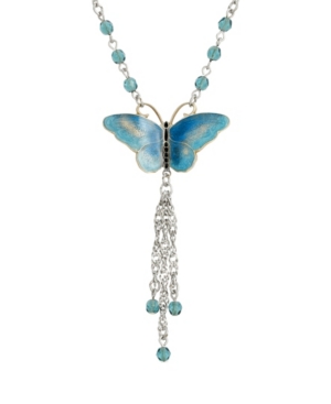 image of 2028 Women-s Silver Tone Blue Enamel Blue Beads Butterfly Necklace