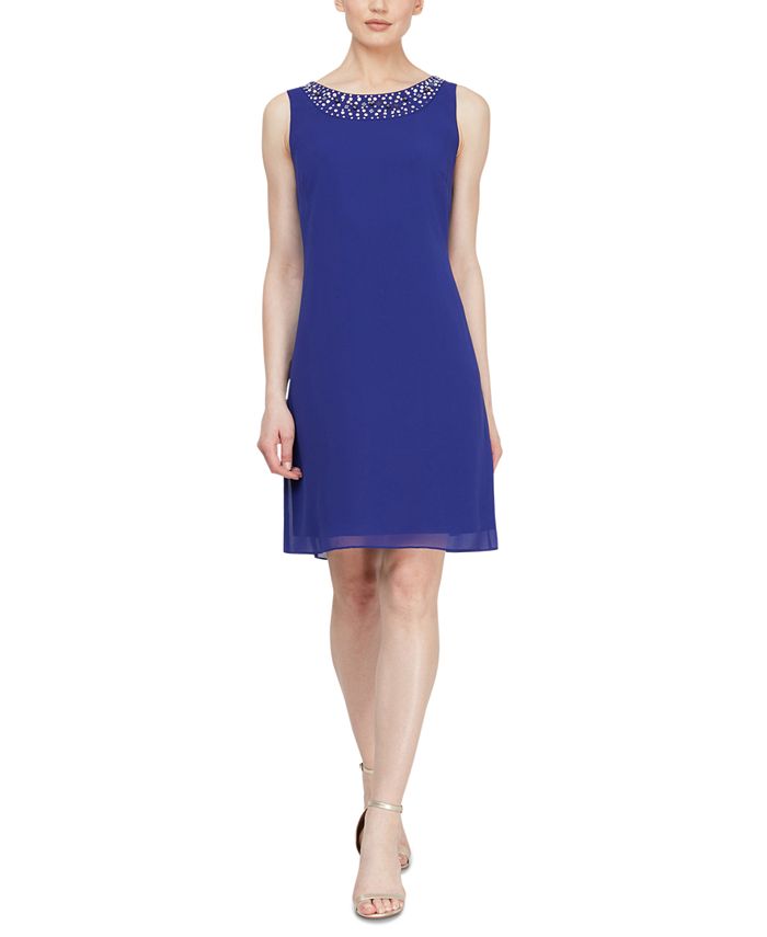SL Fashions Women's Beaded Neck Sleeveless Sheath Dress With Jacket Blue Size 14
