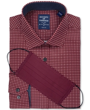 SOCIETY OF THREADS SOCIETY OF THREADS MEN'S SLIM-FIT NON-IRON PERFORMANCE STRETCH BURGUNDY GEO-PRINT DRESS SHIRT AND MA