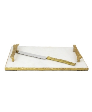 Classic Touch White Marble Challah Tray With Crumbled Handles And Knife