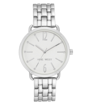 image of Nine West Women-s Crystal Accented Silver-Tone Bracelet Watch, 36mm