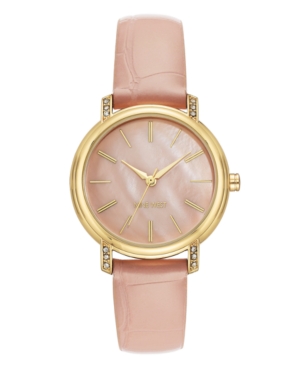 image of Nine West Women-s Crystal Accented Gold-Tone and Light Pink Croco-Grain Strap Watch, 35mm