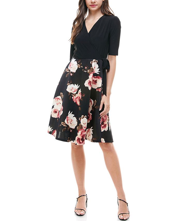 Monteau Petite Wrap-Top Floral-Skirt Fit & Flare Dress - Macy's