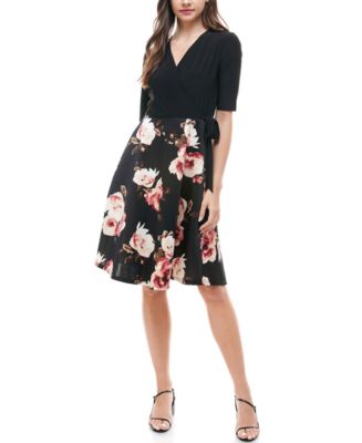 Monteau Petite Wrap-Top Floral-Skirt Fit & Flare Dress - Macy's