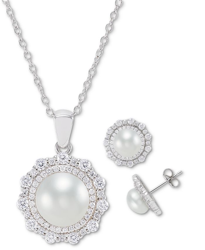 2-Pc. Set Cultured Freshwater Pearl (7mm & 9mm) Cubic Zirconia Pendant