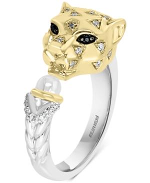 image of Effy Diamond (1/10 ct. t.w.) & Black Sapphire Accent Panther Statement Ring in Sterling Silver & 14k Gold-Plate