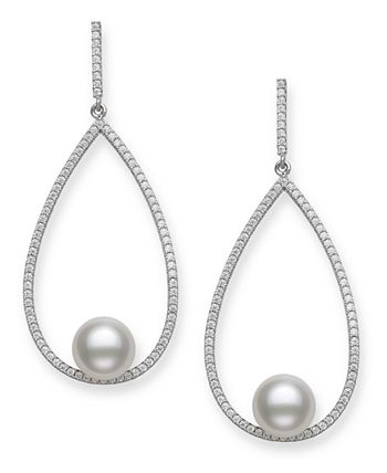 Macy's - Cultured Freshwater Pearl 9-10mm and Cubic Zirconia Drop Earrings in Sterling Silver