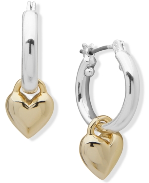 image of Dkny Two-Tone Heart Charm Hoop Earrings