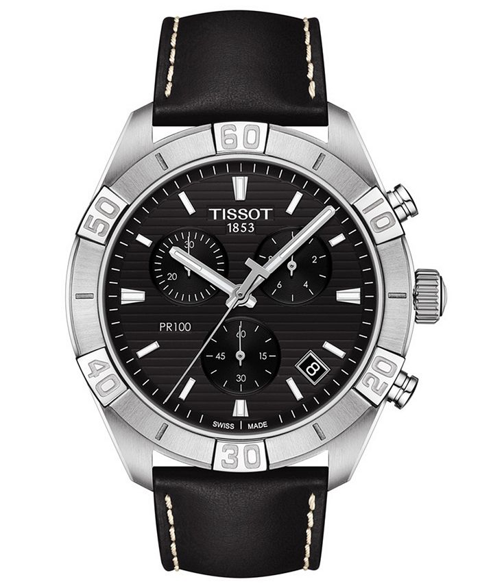 Tissot - Men's Swiss Chronograph PR 100 Sport Black Leather Strap Watch 44mm
