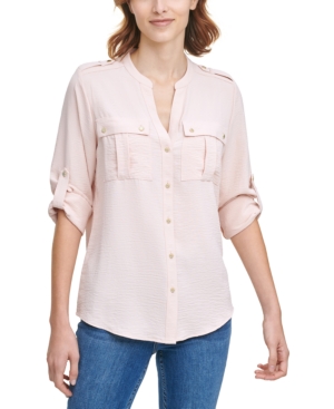 image of Calvin Klein Textured Roll-Tab Blouse