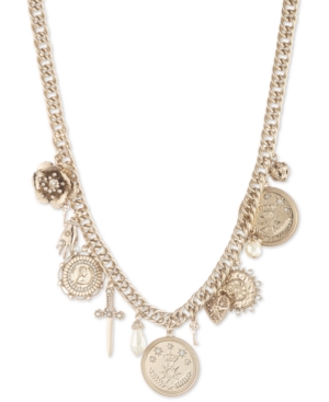 image of Marchesa Gold-Tone Pave & Imitation Pearl Multi-Charm Statement Necklace, 16