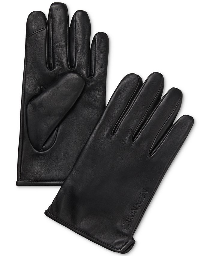 Calvin Klein Men's Classic Leather Fleece-Lined Touchscreen Gloves - Macy's