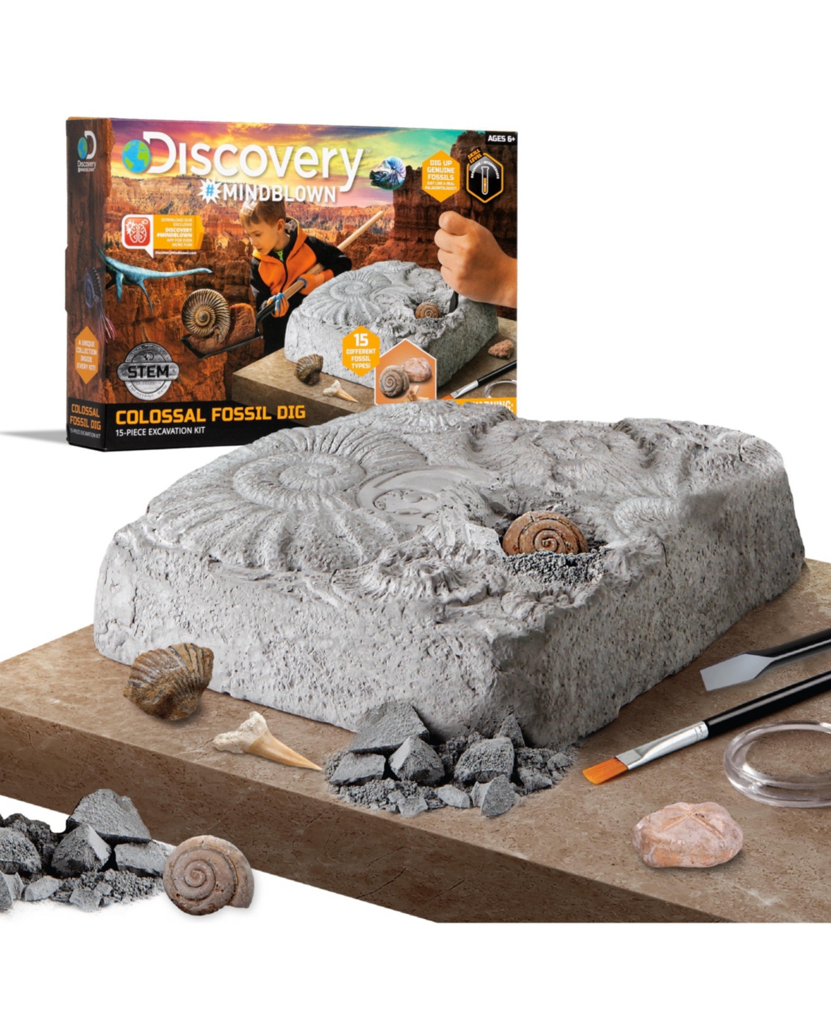 Discovery #Mindblown Toy Fossil Excavation Kit, 15 Pieces
