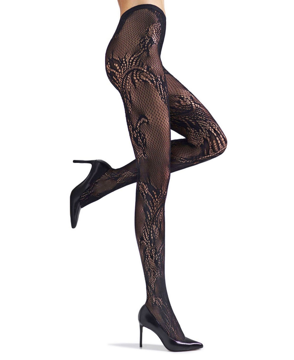 Women's Feather Lace Net Tights - Black