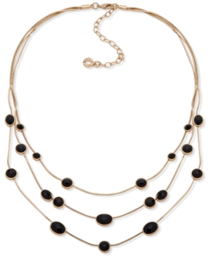 image of Anne Klein Gold-Tone Jet Stone Station Three-Row Necklace, 16