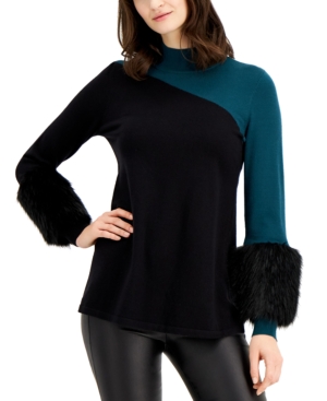 Alfani Colorblocked Sweater With Faux-fur Cuffs, Created For Macy's In Teal Black
