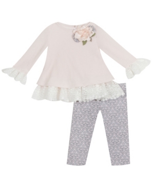image of Rare Editions Little Girl Sweater Set With Lace Detail And Flower Applique Legging Set